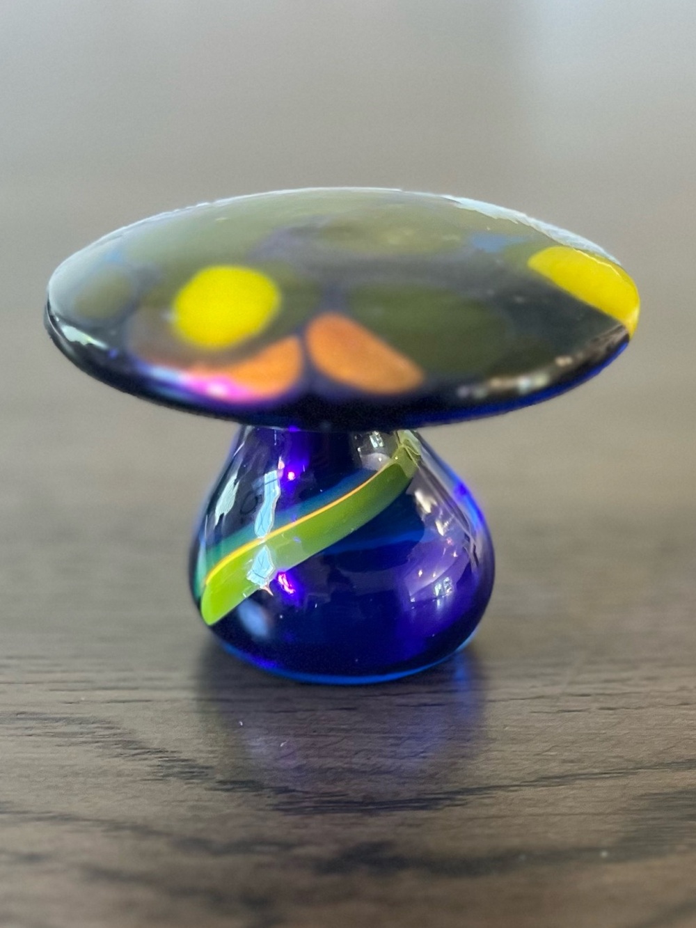 Vintage Blenko Art Glass Mushroom Paperweight Blue Yellow UV Glow MCM
